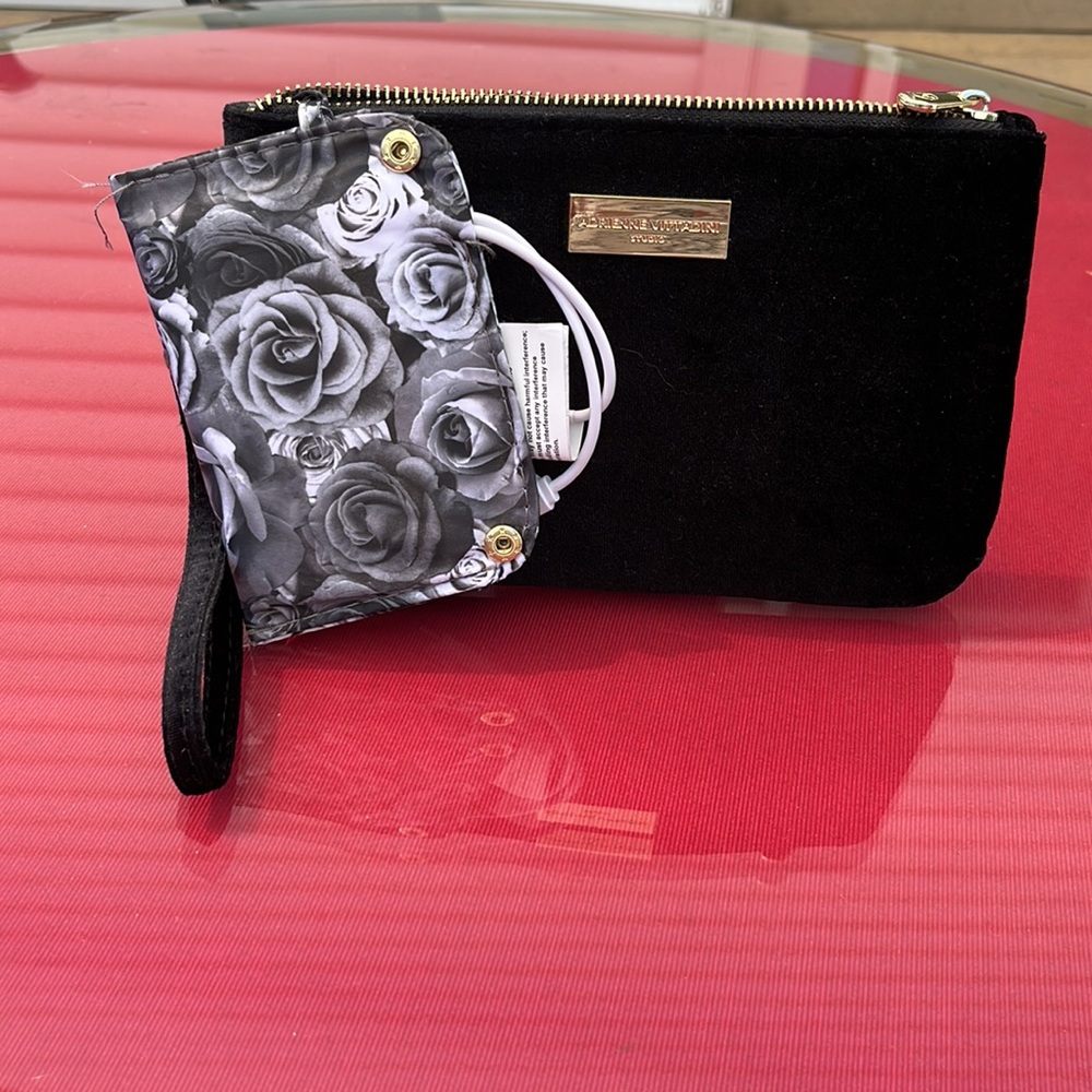 Adrienne Vittadini black velvet wristlet with charger new